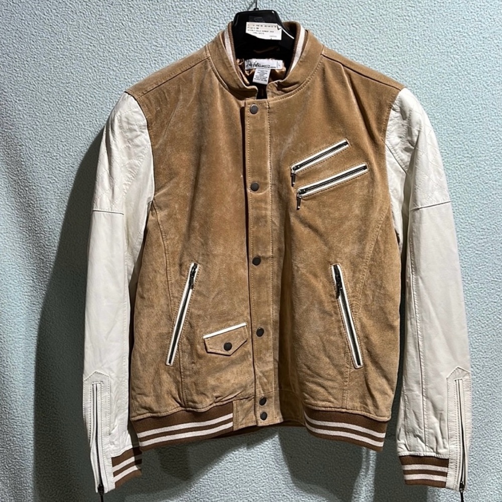 Leather Varsity Bomber Motorcycle Andres Velasco Jacket Tan Adult Large